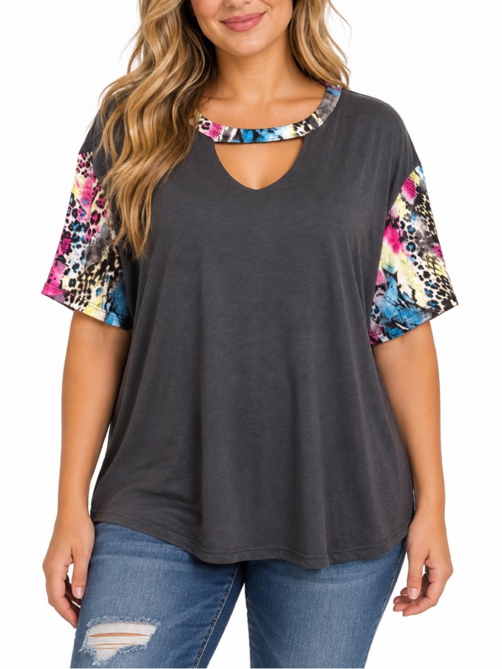 Grace & Emma Charcoal Gray Printed-Sleeve Top- 2xl